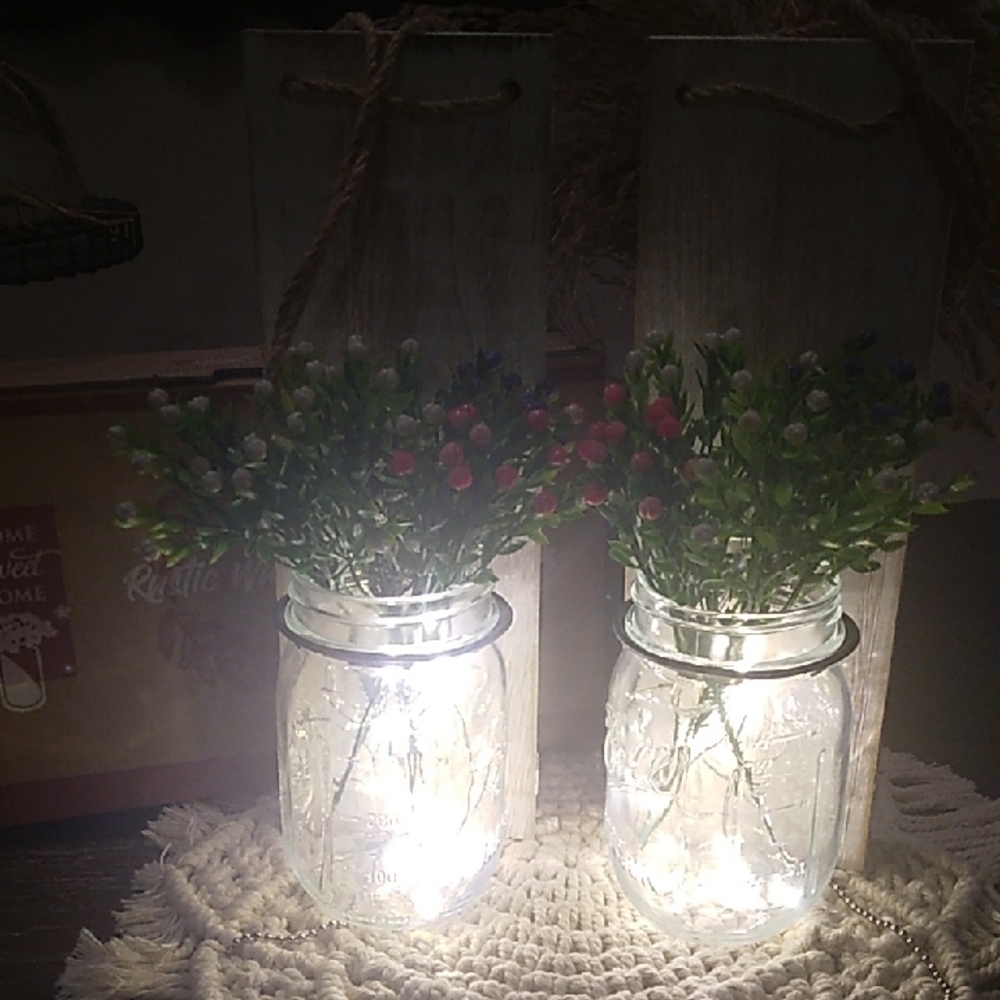 White Faux Floral Accents with Illuminated Glass Jars